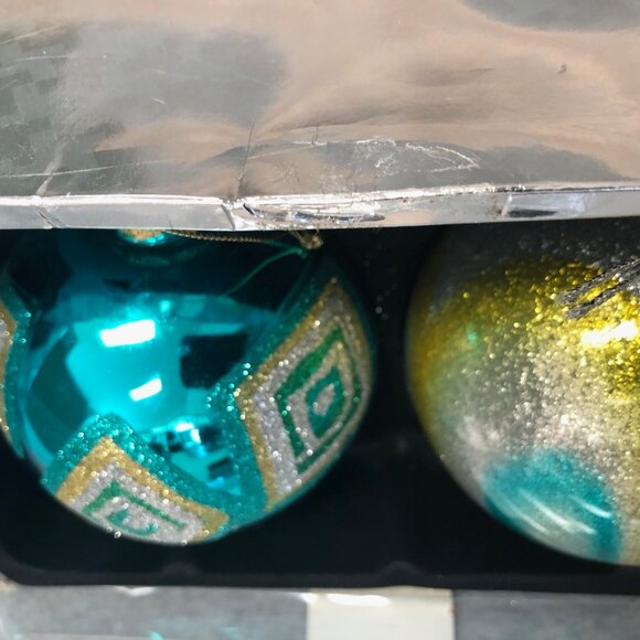 Glass Ornaments 2 Count Glittery Teal Blue 4" Diameter Box Set - Picture 2 of 3